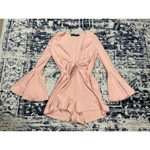 REVOLVE House of Harlow Romper Belted Bell Sleeve V Neck Casual Taupe Size Small